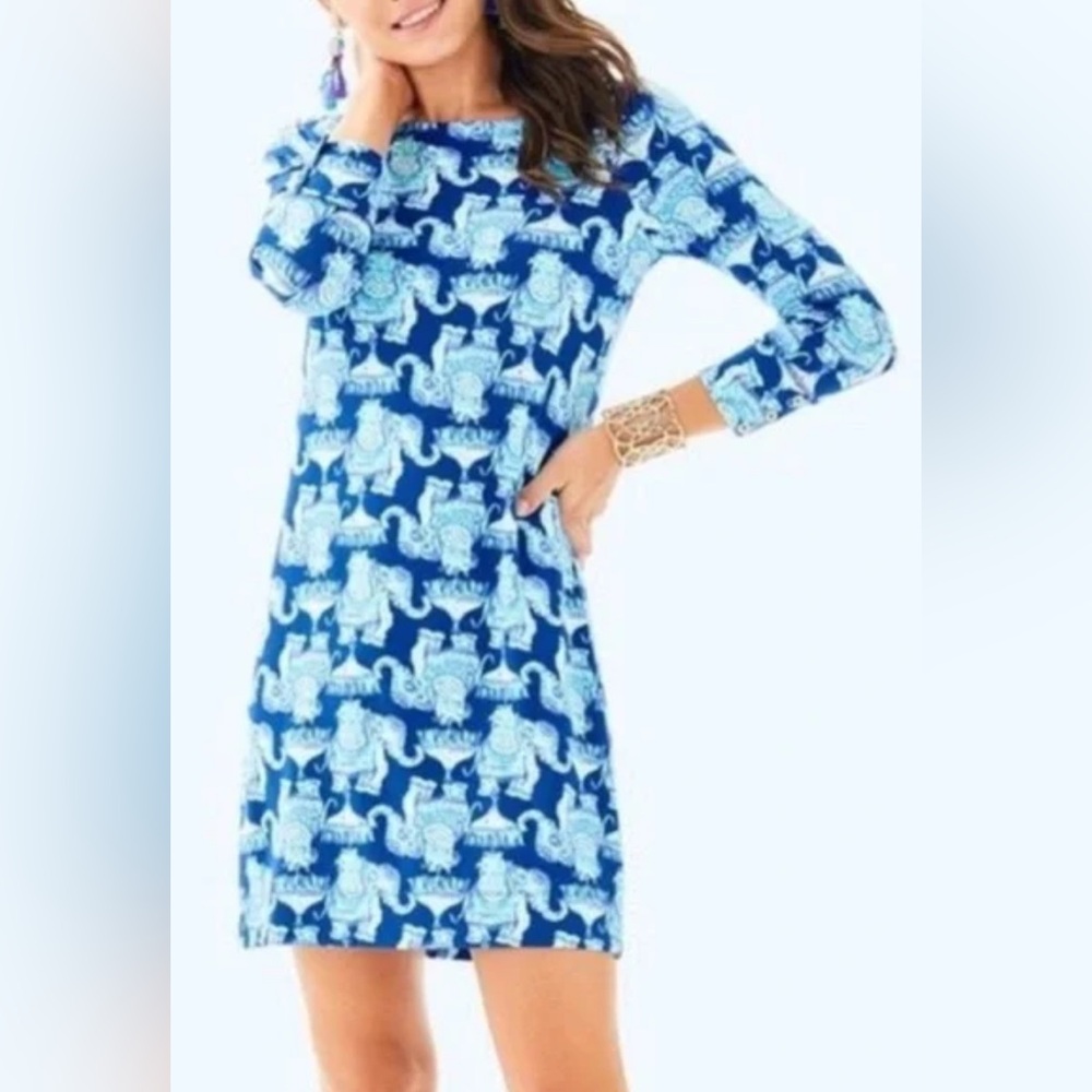 Lilly Pulitzer Sophie Dress UPF 50 Navy Blue Elephant Joy Ride Print